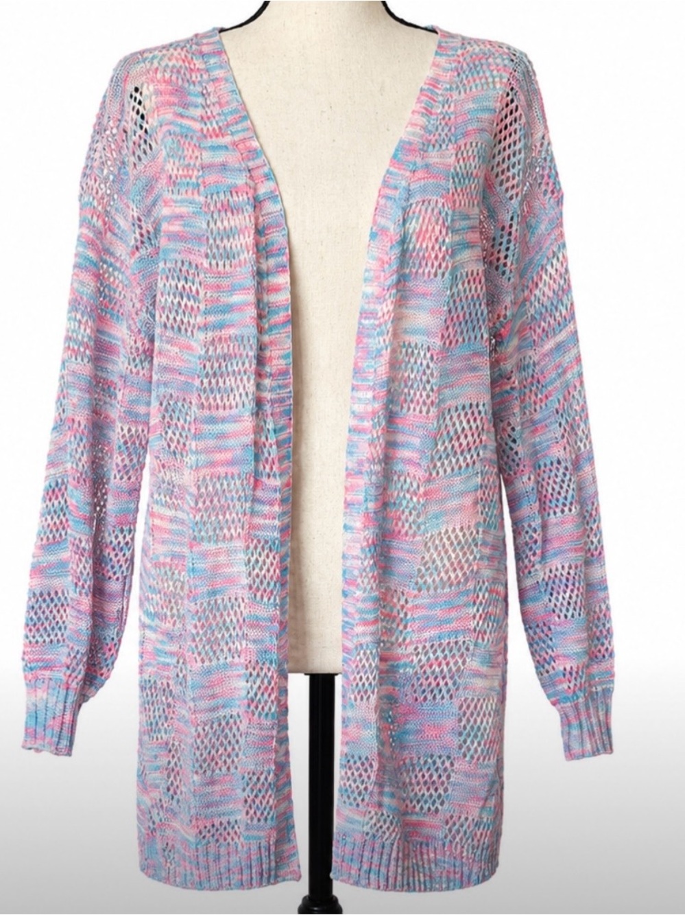 Pastel Crochet Knit Long Cardigan Pink Blue Boho Fairycore Girly Sweater